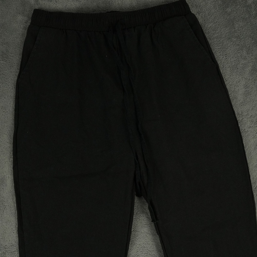 Ouku Casual Pants‎ Mens S Black Cotton Linen Blend Elastic Waist Drawstring